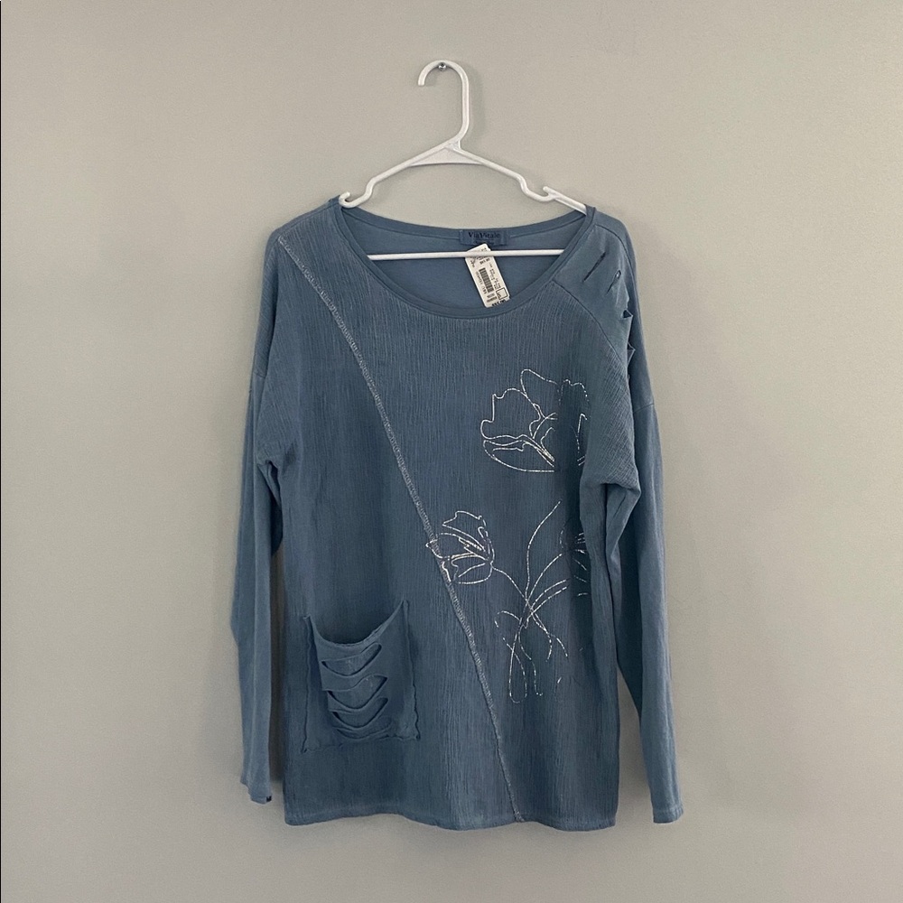 New NWT ViaVitale Made in Italy Linen Cotton Blue Floral Embroidered Women's Top